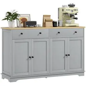 Sideboard Buffet Cabinet Solid Wood Countertop Gray | Modern Kitchen Storage, Coffee Bar Cabinet, 2 Drawers, Doors, Adjustable Shelf Sideboard Buffet Cabinet Solid Wood Countertop Gray | Modern Kitchen Storage, Coffee Bar Cabinet, 2 Drawers, Doors, Adjustable Shelf