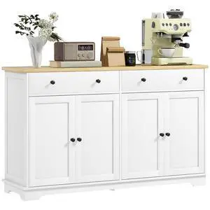 Sideboard Buffet Cabinet Solid Wood Countertop 55" White | Modern Kitchen Storage, Coffee Bar Cabinet, 4 Drawers, 2 Doors, 2 Adjustable Shelf Sideboard Buffet Cabinet Solid Wood Countertop 55" White | Modern Kitchen Storage, Coffee Bar Cabinet, 4 Drawers, 2 Doors, 2 Adjustable Shelf