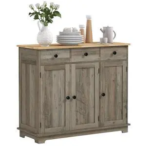 Sideboard Buffet Cabinet Solid Wood Countertop Distressed Gray | Modern Kitchen Storage, Coffee Bar Cabinet, 3 Drawers, Doors, Adjustable Shelf Sideboard Buffet Cabinet Solid Wood Countertop Distressed Gray | Modern Kitchen Storage, Coffee Bar Cabinet, 3 Drawers, Doors, Adjustable Shelf