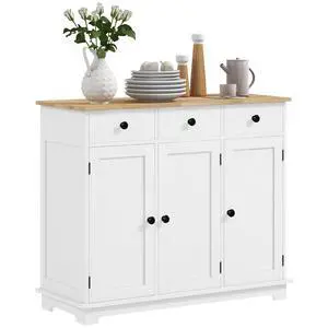 Sideboard Buffet Cabinet Solid Wood Countertop Distressed White | Modern Kitchen Storage, Coffee Bar Cabinet, 3 Drawers, Doors, Adjustable Shelf Sideboard Buffet Cabinet Solid Wood Countertop Distressed White | Modern Kitchen Storage, Coffee Bar Cabinet, 3 Drawers, Doors, Adjustable Shelf