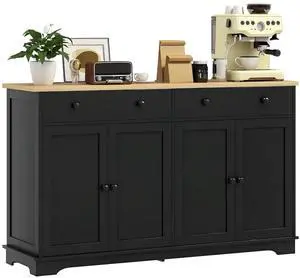 Sideboard Buffet Cabinet Solid Wood Countertop 55" Black | Modern Kitchen Storage, Coffee Bar Cabinet, 4 Drawers, 2 Doors, 2 Adjustable Shelf Sideboard Buffet Cabinet Solid Wood Countertop 55" Black | Modern Kitchen Storage, Coffee Bar Cabinet, 4 Drawers, 2 Doors, 2 Adjustable Shelf