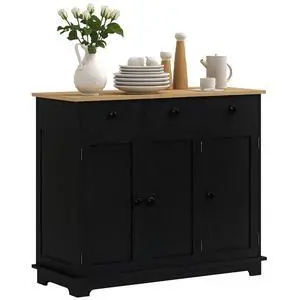 Sideboard Buffet Cabinet Solid Wood Countertop Modern Black | Modern Kitchen Storage, Coffee Bar Cabinet, 3 Drawers, Doors, Adjustable Shelf Sideboard Buffet Cabinet Solid Wood Countertop Modern Black | Modern Kitchen Storage, Coffee Bar Cabinet, 3 Drawers, Doors, Adjustable Shelf