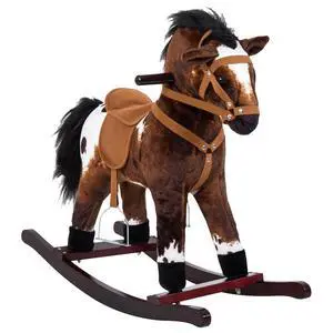 Qaba Rocking Horse Realistic Sounds for Toddlers 3-9, Dark Brown | Kids Plush Ride On Toy, Wooden Animal Rocker Qaba Rocking Horse Realistic Sounds for Toddlers 3-9, Dark Brown | Kids Plush Ride On Toy, Wooden Animal Rocker