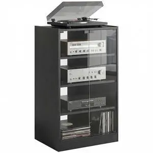 Media Cabinet 4-Tier Stereo Cabinet with Glass Door Black | Vinyl Record Player, AV Record Player Stand, Adjustable Shelves, Push-to-Open Glass Doors, Cable Management Media Cabinet 4-Tier Stereo Cabinet with Glass Door Black | Vinyl Record Player, AV Record Player Stand, Adjustable Shelves, Push-to-Open Glass Doors, Cable Management