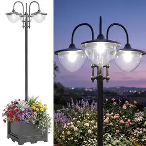 74.5" 3-Head Solar Lamp Post Light Outdoor with Planter, Black | Solar Pole Lights, Waterproof LED Lighting, Backyard Pathway Patio Lawn Driveway Decor 74.5" 3-Head Solar Lamp Post Light Outdoor with Planter, Black | Solar Pole Lights, Waterproof LED Lighting, Backyard Pathway Patio Lawn Driveway Decor