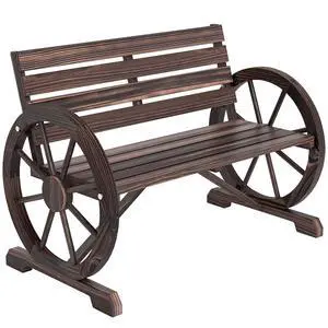 41" Wooden Wagon Wheel Bench Rustic Outdoor 2-Person Carbonized | Patio Bench, Weather Resistance Furniture, Slatted Seat with Backrest 41" Wooden Wagon Wheel Bench Rustic Outdoor 2-Person Carbonized | Patio Bench, Weather Resistance Furniture, Slatted Seat with Backrest