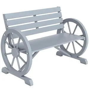 41" Wooden Outdoor Bench Rustic Wagon Wheel Light Gray | Garden Bench, Patio Slatted Seat, Backrest, Reinforced Bottom Support, Weather Resistance Furniture, for Outside Lawn Yard 41" Wooden Outdoor Bench Rustic Wagon Wheel Light Gray | Garden Bench, Patio Slatted Seat, Backrest, Reinforced Bottom Support, Weather Resistance Furniture, for Outside Lawn Yard