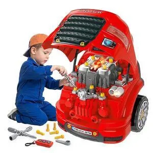 Qaba Truck Engine Toy with Lights, Sounds, Steering Wheel for Kids 3+, Red | Kids Mechanic Set, Horn, Pretend Car Service Station Play, 61-Piece Included Qaba Truck Engine Toy with Lights, Sounds, Steering Wheel for Kids 3+, Red | Kids Mechanic Set, Horn, Pretend Car Service Station Play, 61-Piece Included