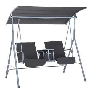2 Person Porch Swing with Stand Canopy Outdoor Swing Gray | Pivot Storage Table, 2 Cup Holders, Cushions, for Patio, Backyard 2 Person Porch Swing with Stand Canopy Outdoor Swing Gray | Pivot Storage Table, 2 Cup Holders, Cushions, for Patio, Backyard