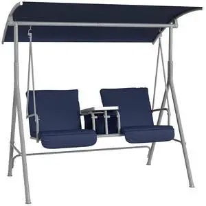2 Person Porch Swing with Stand Canopy Outdoor Swing Dark Blue | Pivot Storage Table, 2 Cup Holders, Cushions, for Patio, Backyard 2 Person Porch Swing with Stand Canopy Outdoor Swing Dark Blue | Pivot Storage Table, 2 Cup Holders, Cushions, for Patio, Backyard