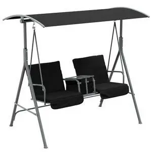 2 Person Porch Swing with Stand Canopy Outdoor Swing Black | Pivot Storage Table, 2 Cup Holders, Cushions, for Patio, Backyard 2 Person Porch Swing with Stand Canopy Outdoor Swing Black | Pivot Storage Table, 2 Cup Holders, Cushions, for Patio, Backyard