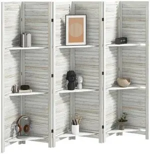 Room Divider with Shelves 6 Panel 67" Wood Screen Distressed White | 3 Display Shelves, Folding Storage, for Bedroom or Home Office Room Divider with Shelves 6 Panel 67" Wood Screen Distressed White | 3 Display Shelves, Folding Storage, for Bedroom or Home Office