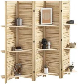 Room Divider with Shelves, 5 Panel, 67" Tall, Natural Wood | Wood Privacy Screen, 3 Display Shelves, Folding Storage, Bedroom or Home Office Room Divider with Shelves, 5 Panel, 67" Tall, Natural Wood | Wood Privacy Screen, 3 Display Shelves, Folding Storage, Bedroom or Home Office