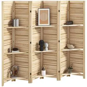 Room Divider with Shelves, 6 Panel, 67" Tall, Natural Wood | Wood Privacy Screen, 3 Display Shelves, Folding Storage, Bedroom or Home Office Room Divider with Shelves, 6 Panel, 67" Tall, Natural Wood | Wood Privacy Screen, 3 Display Shelves, Folding Storage, Bedroom or Home Office