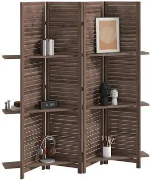 Room Divider with Shelves, 4 Panel, 67" Tall, Walnut | Wood Privacy Screen, 3 Display Shelves, Folding Storage, Bedroom or Home Office Room Divider with Shelves, 4 Panel, 67" Tall, Walnut | Wood Privacy Screen, 3 Display Shelves, Folding Storage, Bedroom or Home Office