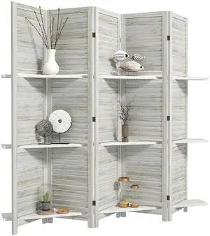 Room Divider with Shelves, 5 Panel, 67" Tall, Distressed White | Wood Privacy Screen, 3 Display Shelves, Folding Storage, Bedroom or Home Office Room Divider with Shelves, 5 Panel, 67" Tall, Distressed White | Wood Privacy Screen, 3 Display Shelves, Folding Storage, Bedroom or Home Office