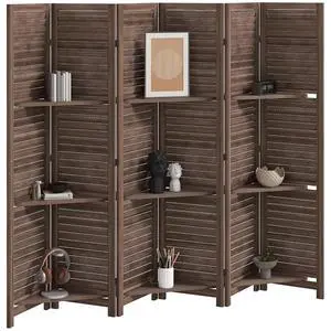 Room Divider 6 Panel 67" Tall Wood Privacy Screen Walnut | 3 Display Shelves, Folding Storage, for Bedroom or Home Office Room Divider 6 Panel 67" Tall Wood Privacy Screen Walnut | 3 Display Shelves, Folding Storage, for Bedroom or Home Office