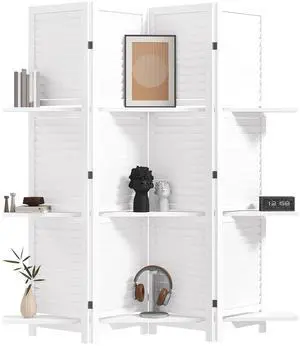 Room Divider 4 Panel 67" Tall Privacy Screen 3 Display Shelves White | Wood Privacy Screen, 3 Display Shelves, Folding Storage, Bedroom or Home Office Room Divider 4 Panel 67" Tall Privacy Screen 3 Display Shelves White | Wood Privacy Screen, 3 Display Shelves, Folding Storage, Bedroom or Home Office