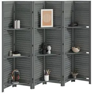 Room Divider with Shelves, 6 Panel, 67" Tall, Gray | Wood Privacy Screen, 3 Display Shelves, Folding Storage, Bedroom or Home Office Room Divider with Shelves, 6 Panel, 67" Tall, Gray | Wood Privacy Screen, 3 Display Shelves, Folding Storage, Bedroom or Home Office