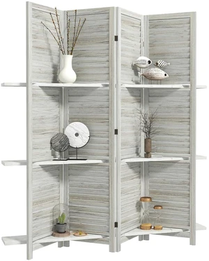 Room Divider with Shelves, 4 Panel, 67" Tall, Distressed White | Wood Privacy Screen, 3 Display Shelves, Folding Storage, Bedroom or Home Office Room Divider with Shelves, 4 Panel, 67" Tall, Distressed White | Wood Privacy Screen, 3 Display Shelves, Folding Storage, Bedroom or Home Office
