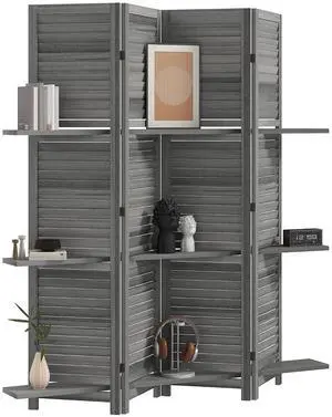Room Divider with Shelves, 4 Panel, 67" Tall, Gray | Wood Privacy Screen, 3 Display Shelves, Folding Storage, Bedroom or Home Office Room Divider with Shelves, 4 Panel, 67" Tall, Gray | Wood Privacy Screen, 3 Display Shelves, Folding Storage, Bedroom or Home Office