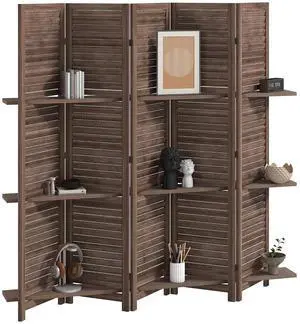 Room Divider 5 Panel 67" Tall Wood Privacy Screen Walnut | 3 Display Shelves, Folding Storage, for Bedroom or Home Office Room Divider 5 Panel 67" Tall Wood Privacy Screen Walnut | 3 Display Shelves, Folding Storage, for Bedroom or Home Office