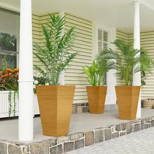 28 Inch Tall Planter for Outdoor Plants Set of 3, Light Brown | Taper Planter, Drainage Holes, Wood Grain Decor Garden Pot, Indoor Outdoor Porch Patio Backyard 28 Inch Tall Planter for Outdoor Plants Set of 3, Light Brown | Taper Planter, Drainage Holes, Wood Grain Decor Garden Pot, Indoor Outdoor Porch Patio Backyard
