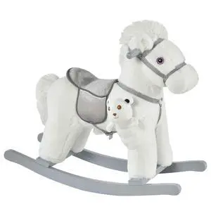 Qaba Kids Rocking Horse with Bear Toy Plush for Toddler 18-36 Months White | Animal Rocker, Fun Realistic Sounds Qaba Kids Rocking Horse with Bear Toy Plush for Toddler 18-36 Months White | Animal Rocker, Fun Realistic Sounds
