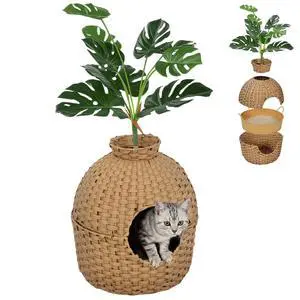 PawHut Hidden Cat Litter Box Plant Furniture Enclosure with Faux Plant | Stainless Steel Tray, Decorative Rattan Planter Cat Bed, Real Stones, for Bedroom, Living Room Corner PawHut Hidden Cat Litter Box Plant Furniture Enclosure with Faux Plant | Stainless Steel Tray, Decorative Rattan Planter Cat Bed, Real Stones, for Bedroom, Living Room Corner