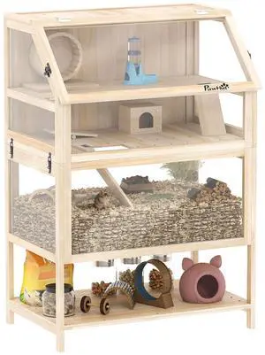 PawHut Wooden Hamster Cage with Storage Shelf for Dwarf, 31.5" x 21" x 46" | 3 Tier Small Animal Cage, Detachable Lower Floor, Hut, Seesaw, Exercise Wheel, Ramps, Hamster Habitat for Gerbil PawHut Wooden Hamster Cage with Storage Shelf for Dwarf, 31.5" x 21" x 46" | 3 Tier Small Animal Cage, Detachable Lower Floor, Hut, Seesaw, Exercise Wheel, Ramps, Hamster Habitat for Gerbil