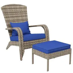 Patio Wicker Adirondack Chair with Ottoman High-Back Dark Blue | Outdoor Fire Pit Chair, Cushions, Large Seat & Armrests, for Deck, Garden & Backyard Patio Wicker Adirondack Chair with Ottoman High-Back Dark Blue | Outdoor Fire Pit Chair, Cushions, Large Seat & Armrests, for Deck, Garden & Backyard
