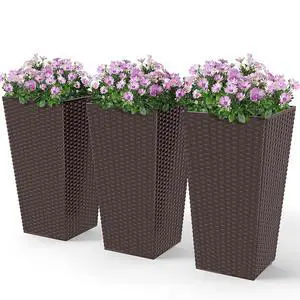 24 in Taper Tall Planters for Outdoor Plants Set of 3, Brown | with Drainage Holes, Rattan Decor Plant Pots, Indoor Outdoor, Front Porch Patio Backyard 24 in Taper Tall Planters for Outdoor Plants Set of 3, Brown | with Drainage Holes, Rattan Decor Plant Pots, Indoor Outdoor, Front Porch Patio Backyard