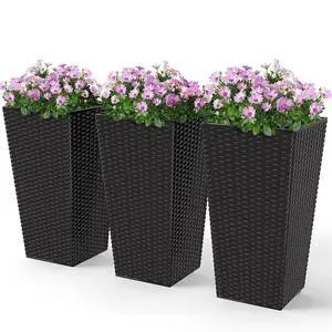 24 in Taper Tall Planters for Outdoor Plants Set of 3, Black | with Drainage Holes, Rattan Decor Plant Pots, Indoor Outdoor, Front Porch Patio Backyard 24 in Taper Tall Planters for Outdoor Plants Set of 3, Black | with Drainage Holes, Rattan Decor Plant Pots, Indoor Outdoor, Front Porch Patio Backyard