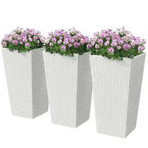 24 in Taper Tall Planters for Outdoor Plants Set of 3, White | with Drainage Holes, Rattan Decor Plant Pots, Indoor Outdoor, Front Porch Patio Backyard 24 in Taper Tall Planters for Outdoor Plants Set of 3, White | with Drainage Holes, Rattan Decor Plant Pots, Indoor Outdoor, Front Porch Patio Backyard