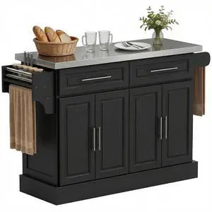 Rolling Kitchen Island Cart with 47" Stainless Steel Top Black | Portable Island Table for Kitchen, Wheels, Adjustable Shelves, 2 Drawers, Spice Rack, Knife Rack, Towel Rack Rolling Kitchen Island Cart with 47" Stainless Steel Top Black | Portable Island Table for Kitchen, Wheels, Adjustable Shelves, 2 Drawers, Spice Rack, Knife Rack, Towel Rack