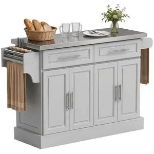 Rolling Kitchen Island Cart with 47" Stainless Steel Top Gray | Portable Island Table for Kitchen, Wheels, Adjustable Shelves, 2 Drawers, Spice Rack, Knife Rack, Towel Rack Rolling Kitchen Island Cart with 47" Stainless Steel Top Gray | Portable Island Table for Kitchen, Wheels, Adjustable Shelves, 2 Drawers, Spice Rack, Knife Rack, Towel Rack