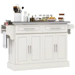 Rolling Kitchen Island Cart with 47" Stainless Steel Top Cream White | Portable Island Table for Kitchen, Wheels, Adjustable Shelves, 2 Drawers, Spice, Knife and Towel Rack Rolling Kitchen Island Cart with 47" Stainless Steel Top Cream White | Portable Island Table for Kitchen, Wheels, Adjustable Shelves, 2 Drawers, Spice, Knife and Towel Rack