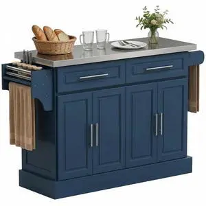 Rolling Kitchen Island Cart with 47" Stainless Steel Top Navy Blue | Portable Island Table for Kitchen, Wheels, Adjustable Shelves, 2 Drawers, Spice, Knife and Towel Rack Rolling Kitchen Island Cart with 47" Stainless Steel Top Navy Blue | Portable Island Table for Kitchen, Wheels, Adjustable Shelves, 2 Drawers, Spice, Knife and Towel Rack