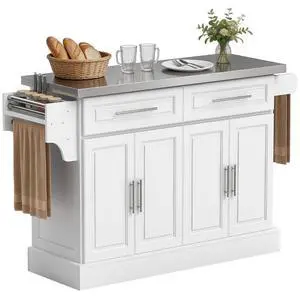 Rolling Kitchen Island Cart with 47" Stainless Steel Top White | Portable Island Table for Kitchen, Wheels, Adjustable Shelves, 2 Drawers, Spice, Knife and Towel Rack Rolling Kitchen Island Cart with 47" Stainless Steel Top White | Portable Island Table for Kitchen, Wheels, Adjustable Shelves, 2 Drawers, Spice, Knife and Towel Rack