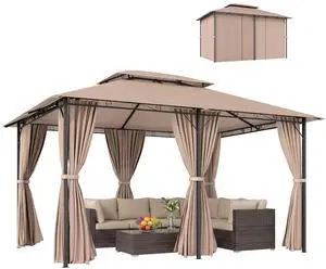 10' x 13' Patio Gazebo with Curtains for Backyard Khaki | Outdoor Gazebo Canopy Shelter, Vented Roof, Steel Frame, for Garden, Lawn, Deck 10' x 13' Patio Gazebo with Curtains for Backyard Khaki | Outdoor Gazebo Canopy Shelter, Vented Roof, Steel Frame, for Garden, Lawn, Deck