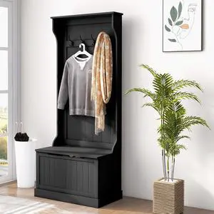 Hall Tree with Bench and Shoe Storage 3-in-1 Coat Rack Black | Slim Bench with Coat Rack, 4 Hooks, Flip Top Storage Compartment Hall Tree with Bench and Shoe Storage 3-in-1 Coat Rack Black | Slim Bench with Coat Rack, 4 Hooks, Flip Top Storage Compartment