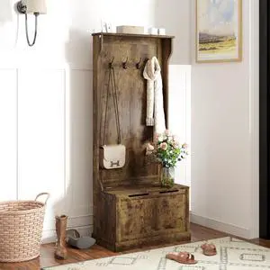 Hall Tree with Bench and Shoe Storage 3-in-1 Coat Rack Rustic Brown | Slim Bench with Coat Rack, 4 Hooks, Flip Top Storage Compartment Hall Tree with Bench and Shoe Storage 3-in-1 Coat Rack Rustic Brown | Slim Bench with Coat Rack, 4 Hooks, Flip Top Storage Compartment