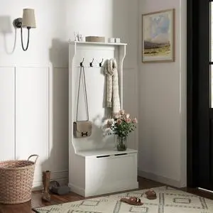 Hall Tree with Bench and Shoe Storage 3-in-1 Coat Rack Cream White | Slim Bench with Coat Rack, 4 Hooks, Flip Top Storage Compartment Hall Tree with Bench and Shoe Storage 3-in-1 Coat Rack Cream White | Slim Bench with Coat Rack, 4 Hooks, Flip Top Storage Compartment