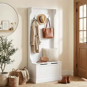 Hall Tree with Bench and Shoe Storage 3-in-1 Coat Rack White | Slim Bench with Coat Rack, 4 Hooks, Flip Top Storage Compartment Hall Tree with Bench and Shoe Storage 3-in-1 Coat Rack White | Slim Bench with Coat Rack, 4 Hooks, Flip Top Storage Compartment