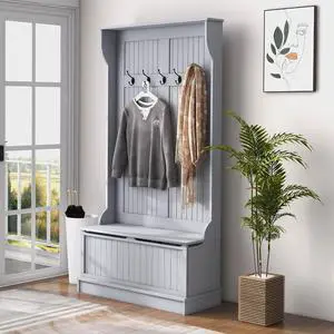 Hall Tree with Bench and Shoe Storage 3-in-1 Entryway Bench Gray | Coat Rack, 5 Hooks, Flip Top Storage Compartment Hall Tree with Bench and Shoe Storage 3-in-1 Entryway Bench Gray | Coat Rack, 5 Hooks, Flip Top Storage Compartment