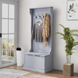 Hall Tree with Bench and Shoe Storage 3-in-1 Coat Rack Gray | Slim Bench with Coat Rack, 4 Hooks, Flip Top Storage Compartment Hall Tree with Bench and Shoe Storage 3-in-1 Coat Rack Gray | Slim Bench with Coat Rack, 4 Hooks, Flip Top Storage Compartment