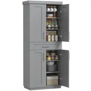 72" Kitchen Pantry Cabinet Freestanding Storage Cabinet Gray | 4 Doors, Drawer, 3 Adjustable Shelves, for Dining Room 72" Kitchen Pantry Cabinet Freestanding Storage Cabinet Gray | 4 Doors, Drawer, 3 Adjustable Shelves, for Dining Room