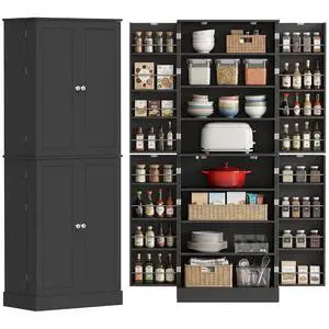 65" Kitchen Pantry Storage Cabinet 16 Door Shelves Black | Freestanding Kitchen Cabinet, 4 Doors, 8-Tier Shelving, Adjustable Shelves 65" Kitchen Pantry Storage Cabinet 16 Door Shelves Black | Freestanding Kitchen Cabinet, 4 Doors, 8-Tier Shelving, Adjustable Shelves