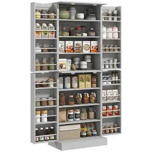 65" Kitchen Pantry Storage Cabinet 16 Door Shelves Gray | Freestanding Kitchen Cabinet, 4 Doors, 8-Tier Shelving, Adjustable Shelves 65" Kitchen Pantry Storage Cabinet 16 Door Shelves Gray | Freestanding Kitchen Cabinet, 4 Doors, 8-Tier Shelving, Adjustable Shelves