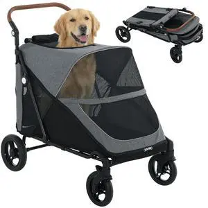 PawHut Dog Stroller for Large Dogs One-Click Folding 4-Wheel Wagon Gray | Multiple Pets, All-Terrain Spring Suspension, 8-Position Adjustable Handle, Mesh Window, Up to 66 LBS PawHut Dog Stroller for Large Dogs One-Click Folding 4-Wheel Wagon Gray | Multiple Pets, All-Terrain Spring Suspension, 8-Position Adjustable Handle, Mesh Window, Up to 66 LBS